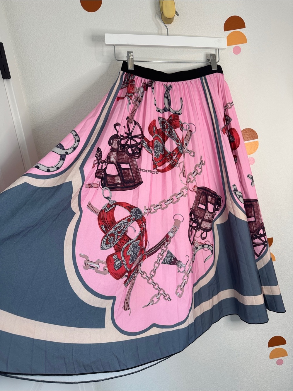 Pink Western Printed Pleated Midi Skirt with Navy Border N0310 - Picture 4 of 5